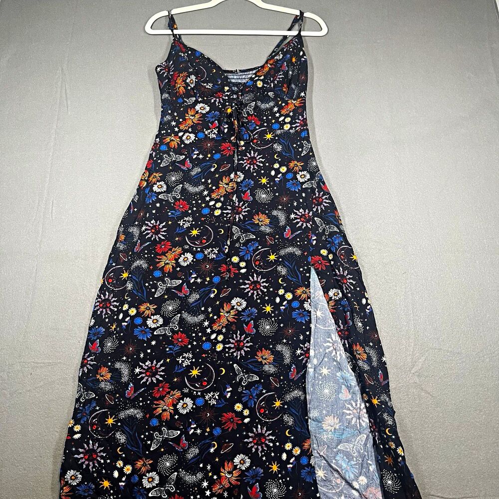 VTG Y2K Black Multicolor Floral Celestial Lace-Up Maxi Dress small witchy boho